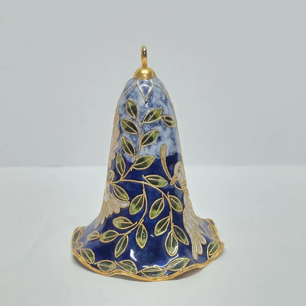 Vintage Cloisonne Large Blue Bell White Dove Of Peace Ornament Traditional Asian